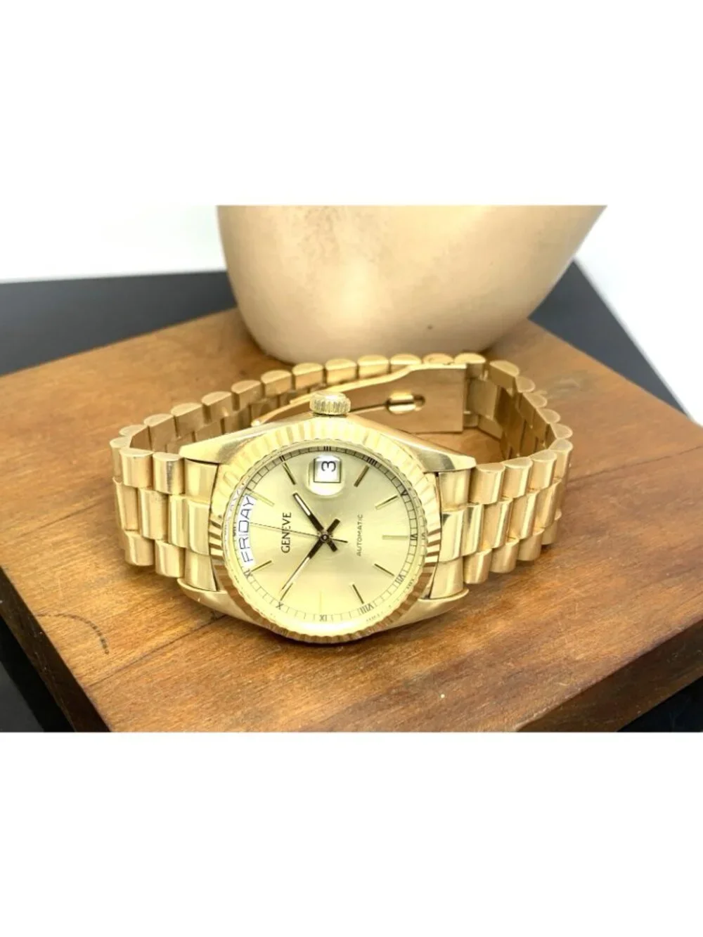 Geneve Men's Watch Vintage Swiss Automatic Day Date 14k Yellow Gold 109.1g 35mm